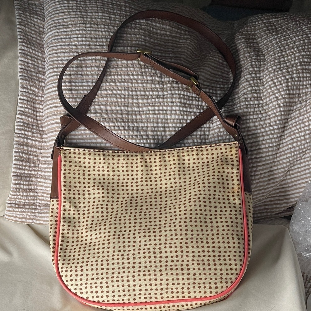 Fossil Stylish Cream with Brown Polka Dots with Pink Piping Women's Bag